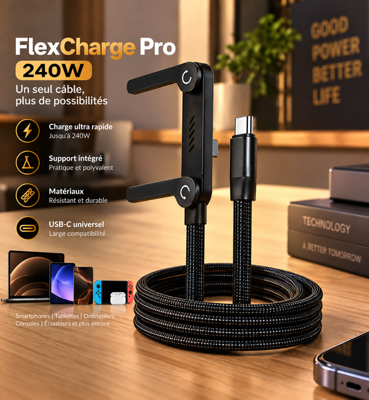 FlexCharge Pro 240W – Câble USB-C à charge rapide avec Support